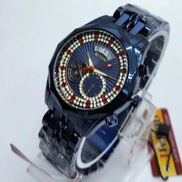 Men's Luxury Blue-Tone Quartz Watch with Dazzling Crystal & Ruby